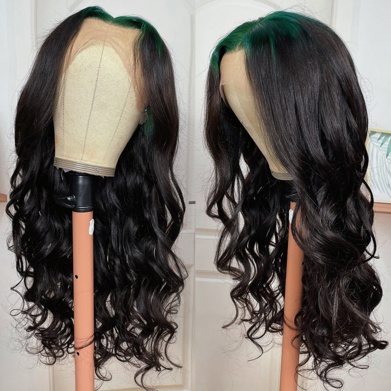 Klaiyi Green Colored Roots Lace Front Wig Pre Plucked Loose Wave with Baby Hair