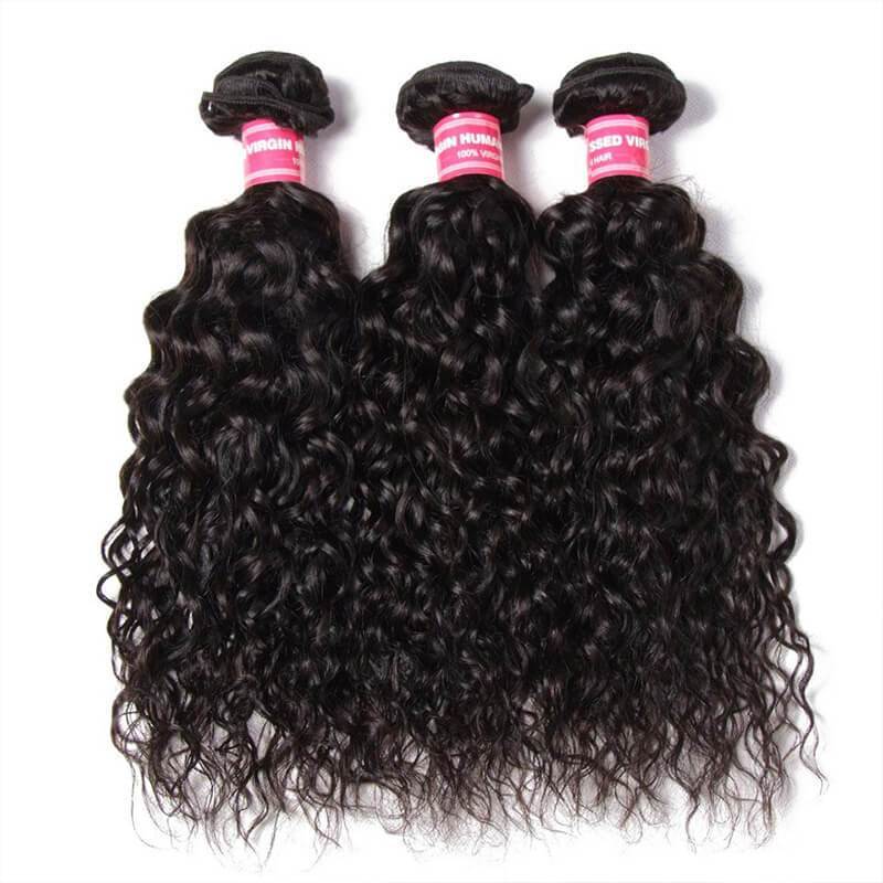 Klaiyi Hair-Virgin Peruvian Hair Water Wave 3 Bundles with 4*4 Lace Closure, No Shedding and Tangle Free