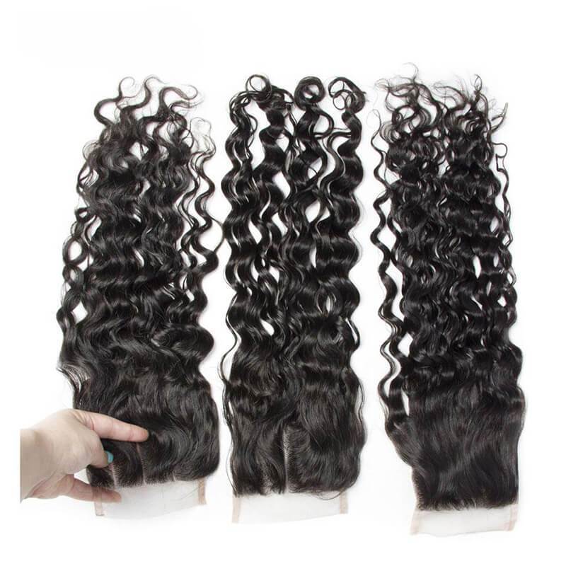 Klaiyi Hair-Virgin Peruvian Hair Water Wave 3 Bundles with 4*4 Lace Closure, No Shedding and Tangle Free