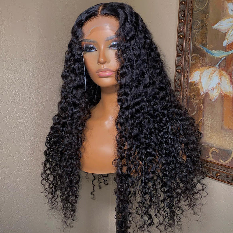 Klaiyi Hair Curly Transparent Lace Closure Wig Human Hair 13x4 Lace Frontal Wigs with Baby Hair