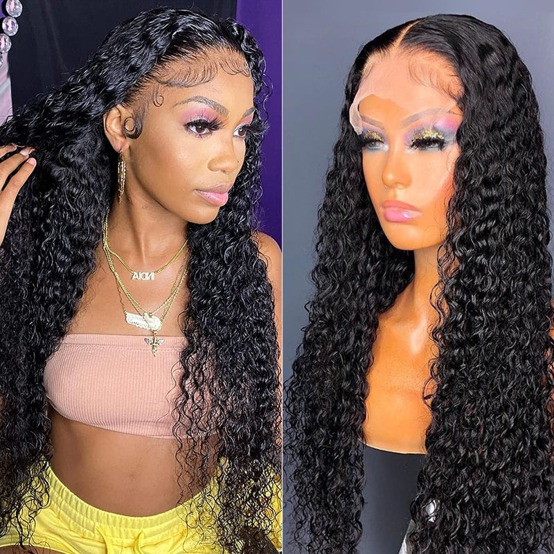 Klaiyi Hair Curly Transparent Lace Closure Wig Human Hair 13x4 Lace Frontal Wigs with Baby Hair