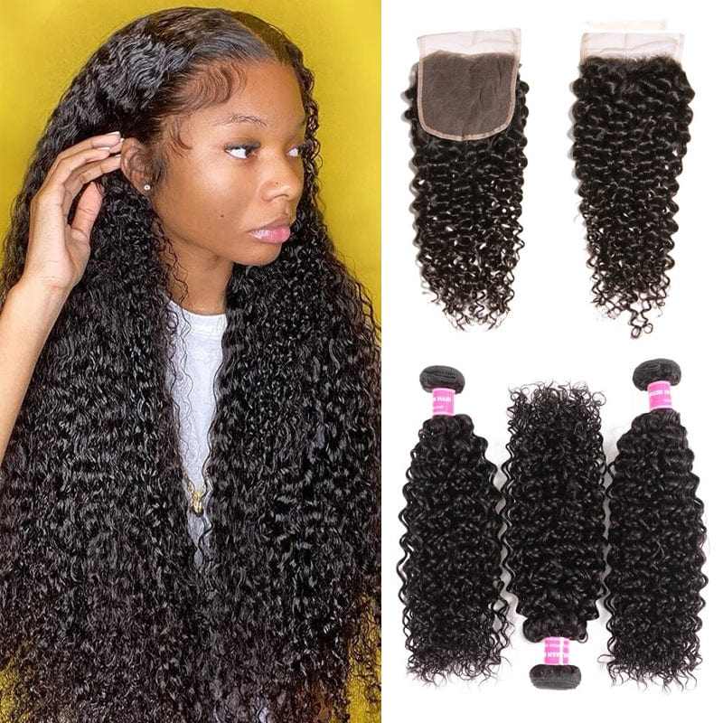 Klaiyi Hair Deep Curly Wave 3 Bundles with 4x4 Swiss Lace Closure 100% Virgin Human Hair