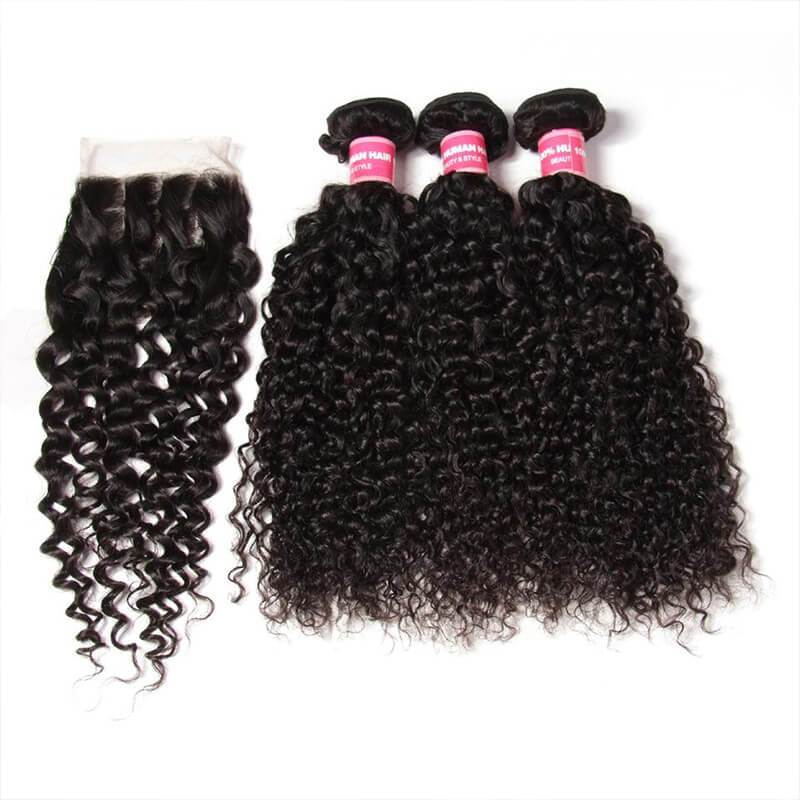 Klaiyi Hair Virgin Curly Hair 3 Bundles with 4*4 Lace Closure 100% Human Hair Weave