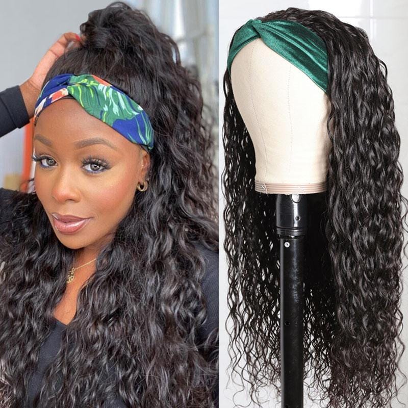 Klaiyi Headband Water Wave Wig With Pre-attached Scarf 180% Density Human Hair Wigs