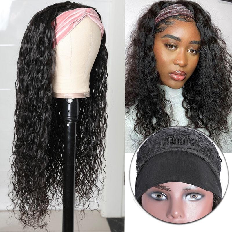 Klaiyi Headband Water Wave Wig With Pre-attached Scarf 180% Density Human Hair Wigs