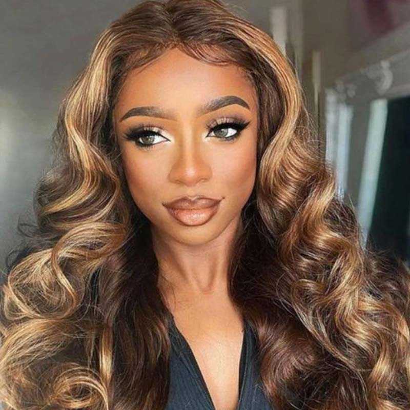 Klaiyi Honey Blonde Highlight Body Wave Human Hair Wigs 13x5 Middle Part Lace Front Wig T Part Lace Wig