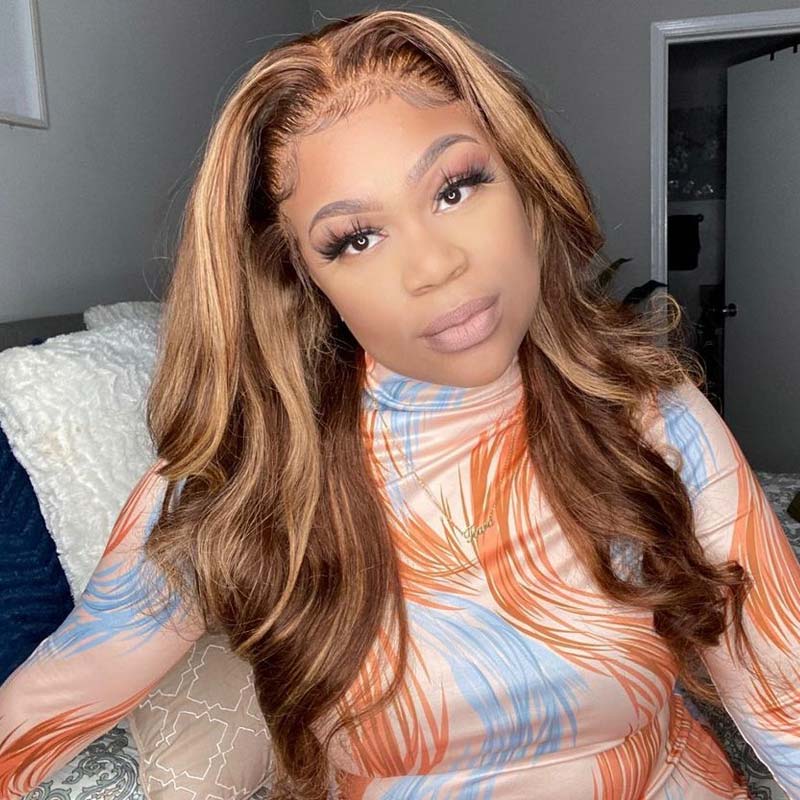 Klaiyi Honey Blonde Highlight Body Wave Human Hair Wigs 13x5 Middle Part Lace Front Wig T Part Lace Wig