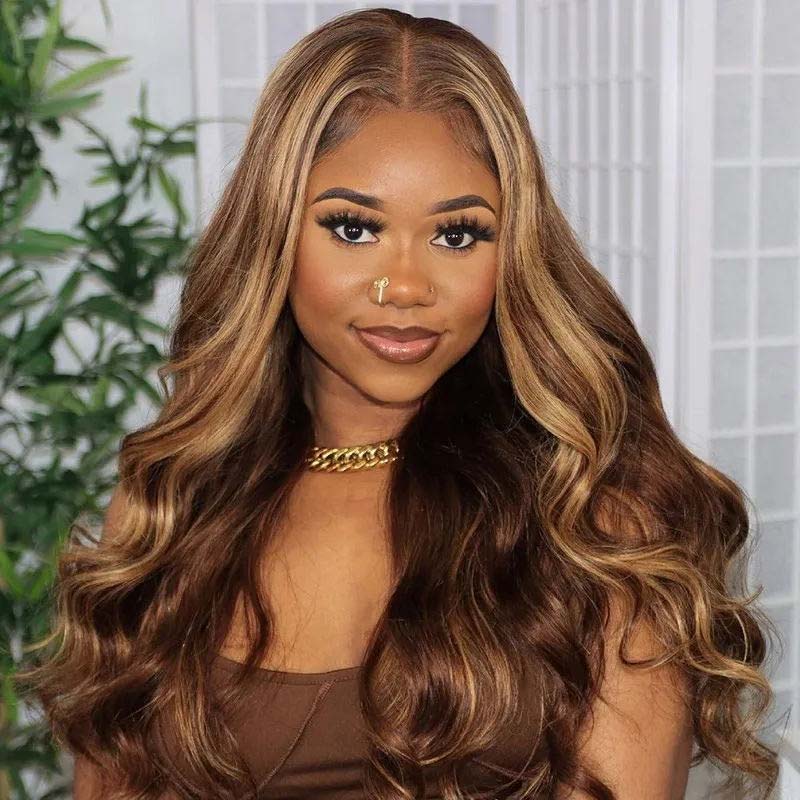 Klaiyi Honey Blonde Highlight Body Wave Human Hair Wigs 13x5 Middle Part Lace Front Wig T Part Lace Wig
