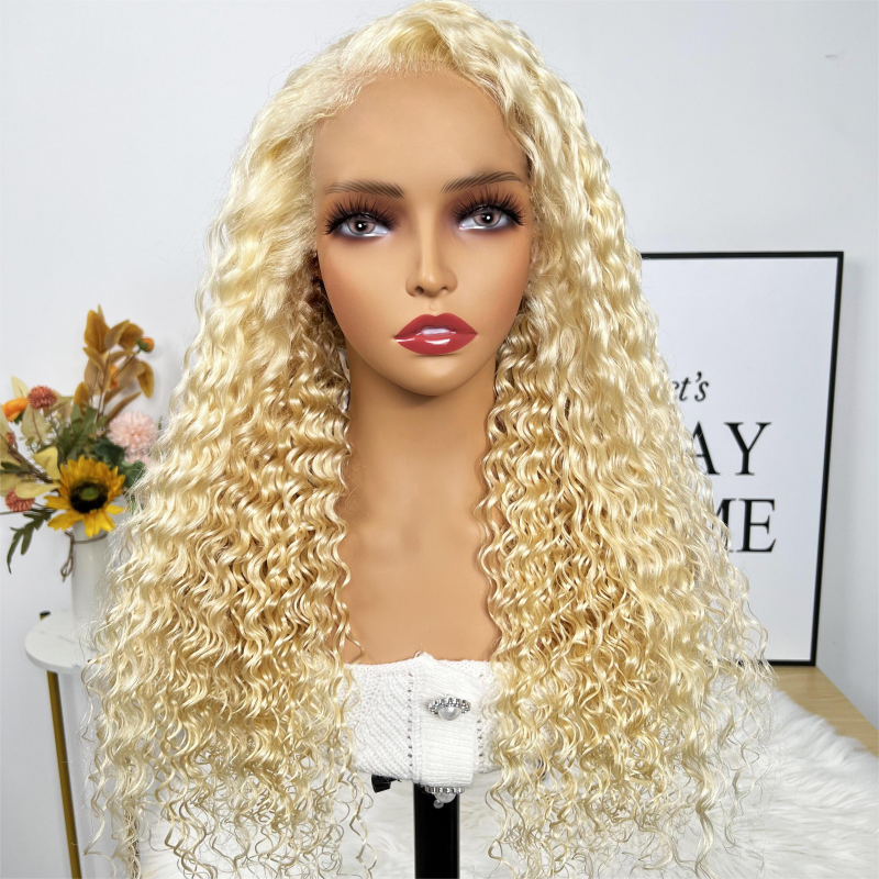 Klaiyi Honey Blonde 613 Color New Deep Wave Lace Frontal Wig Virgin Human Hair