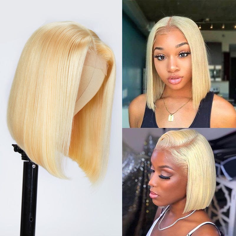 Klaiyi Honey Blonde 613 Short Bob Bone Straight Human Hair Lace Frontal Wig Flash Sale