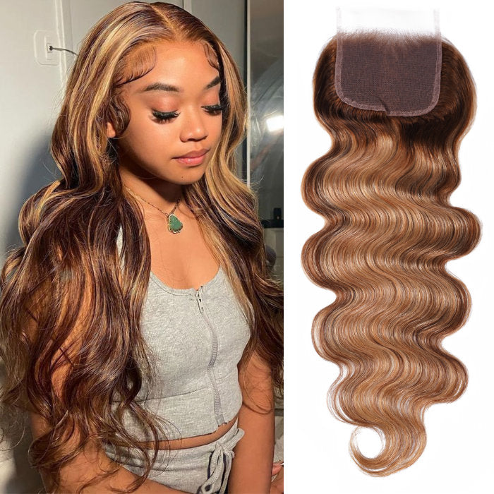 Klaiyi Honey Blonde Color 4x4 Lace Closure Free Part Ombre Highlihgt Human Hair