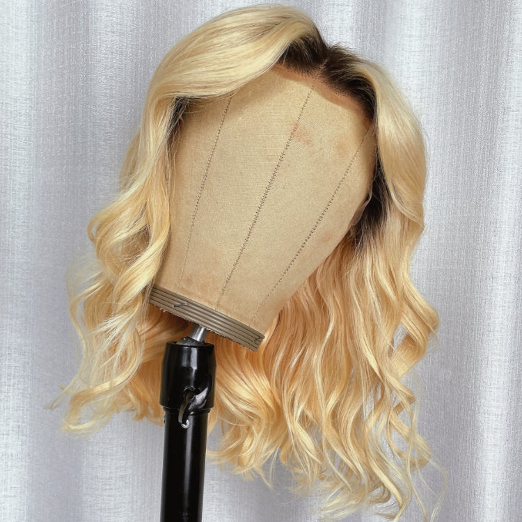 Klaiyi Honey Blonde Color 613 with Dark Roots Short Bob Wig Loose Wave Human Hair Flash Sale