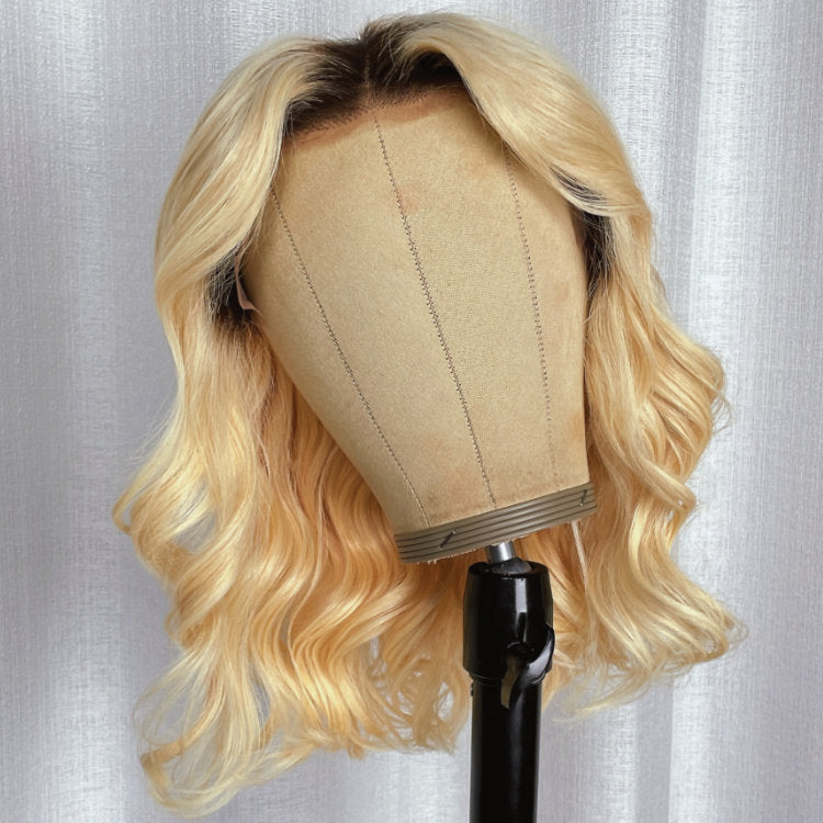 Klaiyi Honey Blonde Color 613 with Dark Roots Short Bob Wig Loose Wave Human Hair Flash Sale