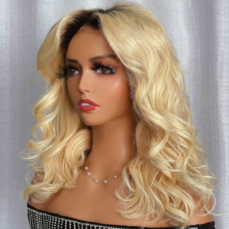 Klaiyi Honey Blonde Color 613 with Dark Roots Short Bob Wig Loose Wave Human Hair Flash Sale