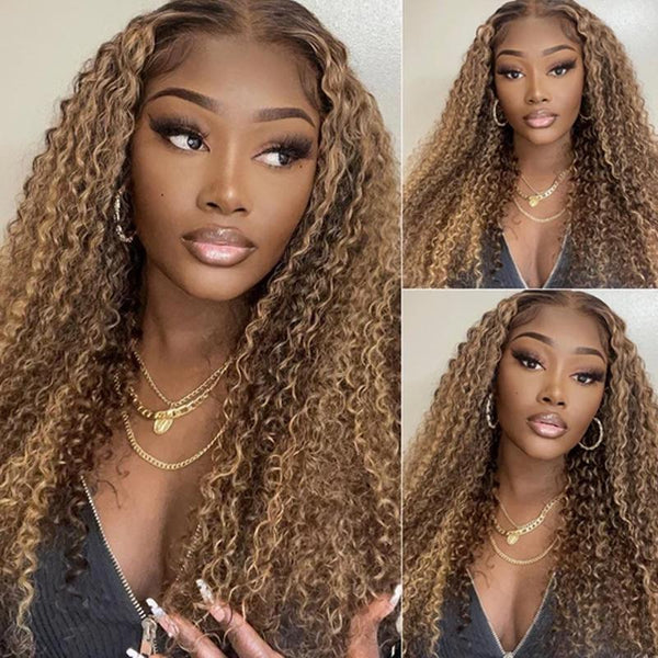 Klaiyi Honey Blonde Highlight 4X4 Lace Closure Wigs Jerry Curly Human Hair Wigs