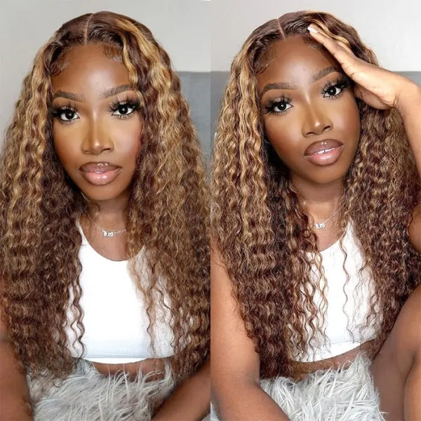 Klaiyi Honey Blonde Highlight 4X4 Lace Closure Wigs Jerry Curly Human Hair Wigs