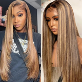 Klaiyi Honey Blonde Highlight Lace Front Wigs Silky Straight Hair Flash Sale