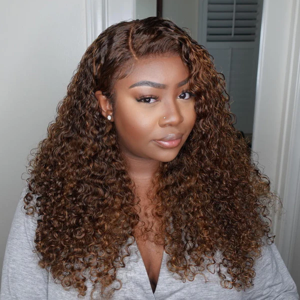 Extra 60% OFF | Klaiyi Honey Butta Brown Lace Front Wig 180% Density Jerry Curl Brown Golden Human Hair