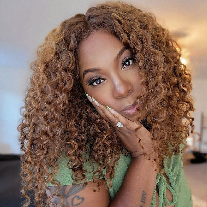 Extra 60% OFF | Klaiyi Honey Butta Brown Lace Front Wig 180% Density Jerry Curl Brown Golden Human Hair