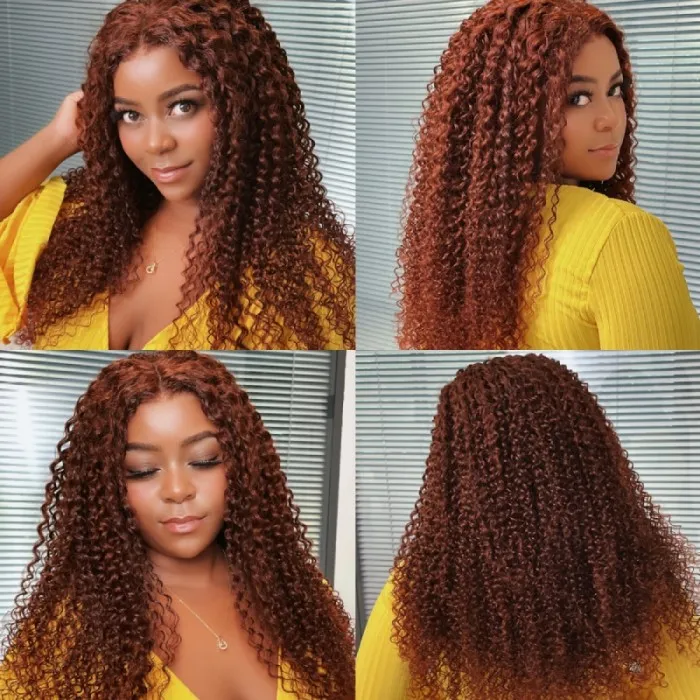 Klaiyi Jerry Curl 3 Bundles Hair Weave with Lace Closure Reddish Brown Human Hair