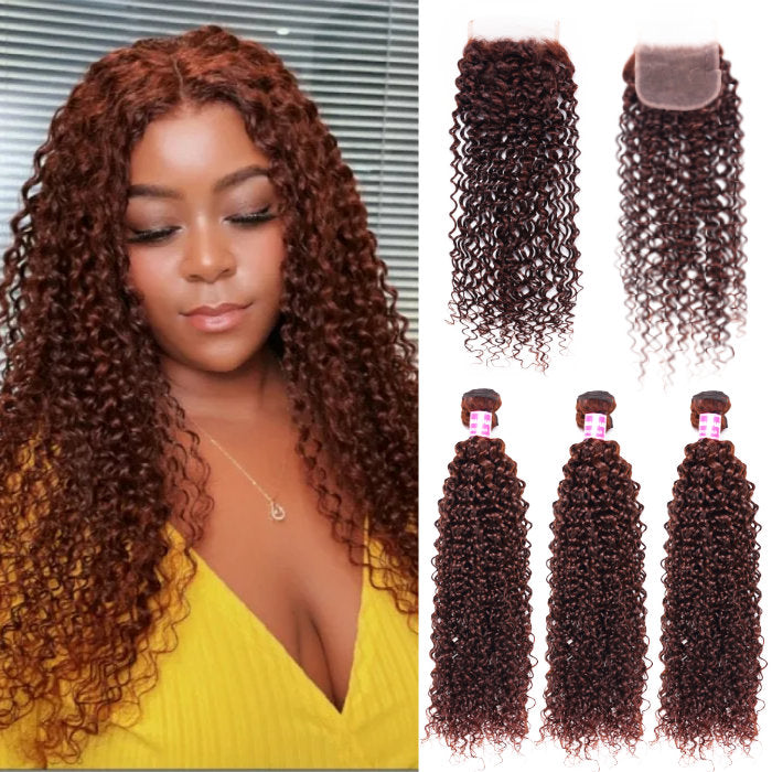 Klaiyi Jerry Curl 3 Bundles Hair Weave with Lace Closure Reddish Brown Human Hair