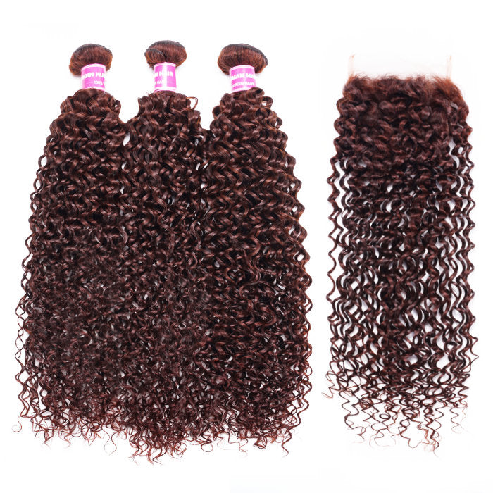 Klaiyi Jerry Curl 3 Bundles Hair Weave with Lace Closure Reddish Brown Human Hair