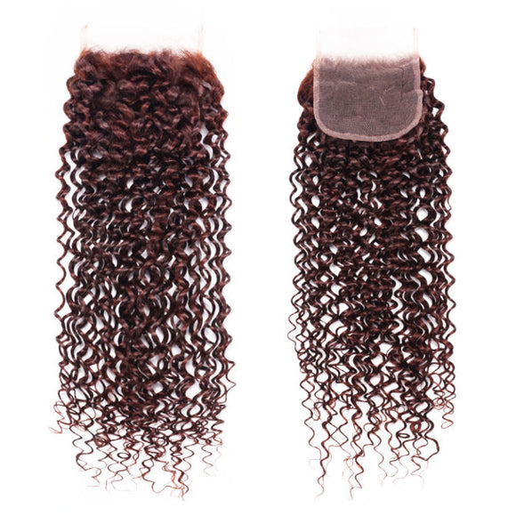 Tissage Klaiyi Jerry Curl 3 mèches avec fermeture en dentelle, cheveux humains brun rougeâtre