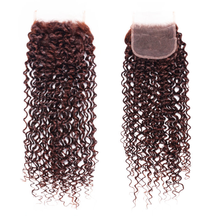 Klaiyi Jerry Curl 3 Bundles Hair Weave with Lace Closure Reddish Brown Human Hair