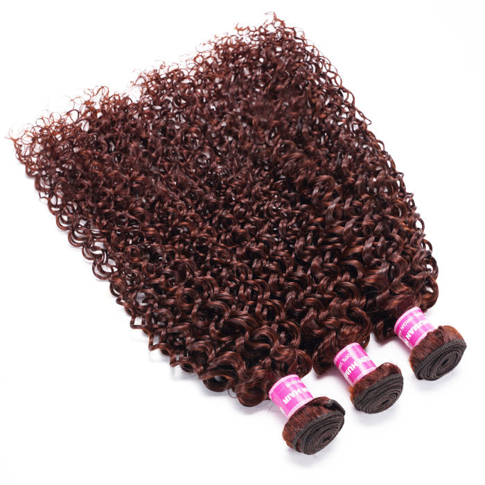 Klaiyi Jerry Curl 3 Bundles Hair Weave with Lace Closure Reddish Brown Human Hair