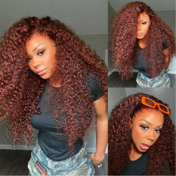 Klaiyi Jerry Curl 3 Bundles Hair Weave with Lace Closure Reddish Brown Human Hair