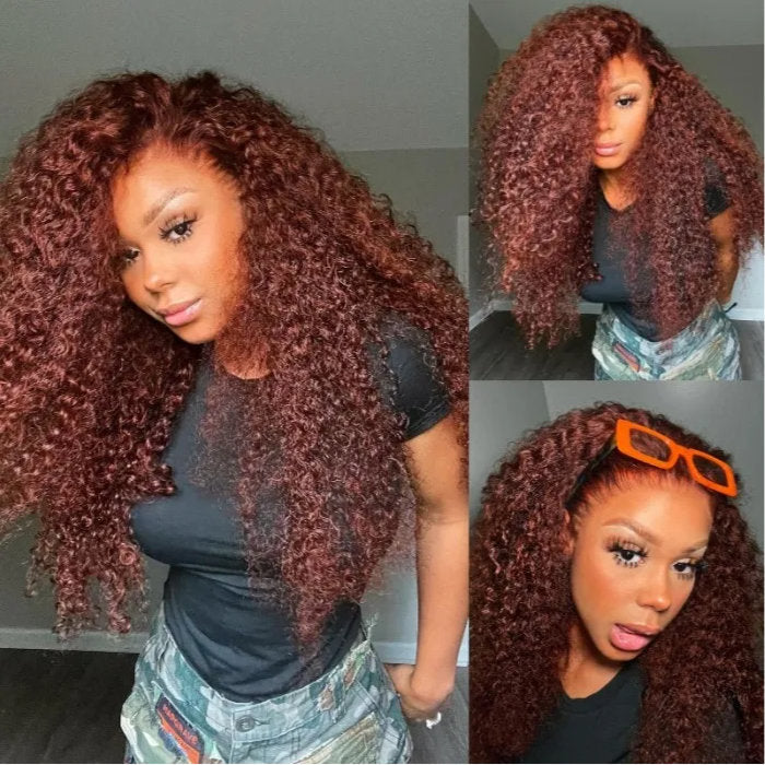 Klaiyi Jerry Curl 3 Bundles Hair Weave with Lace Closure Reddish Brown Human Hair