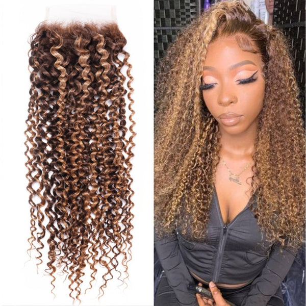 Klaiyi Jerry Curl 4x4 Lace Clousre Pre Plucked Ombre Brown Highlight Human Hair