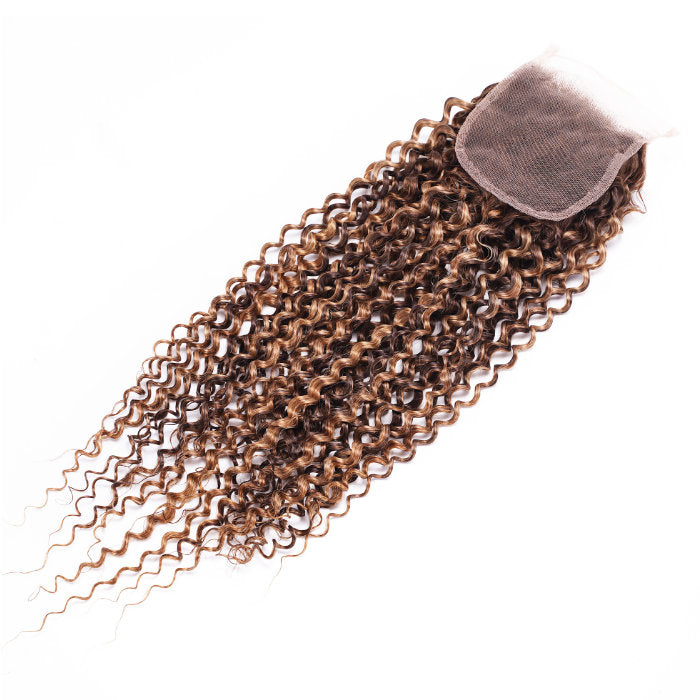 Klaiyi Jerry Curl 4x4 Lace Clousre Pre Plucked Ombre Brown Highlight Human Hair