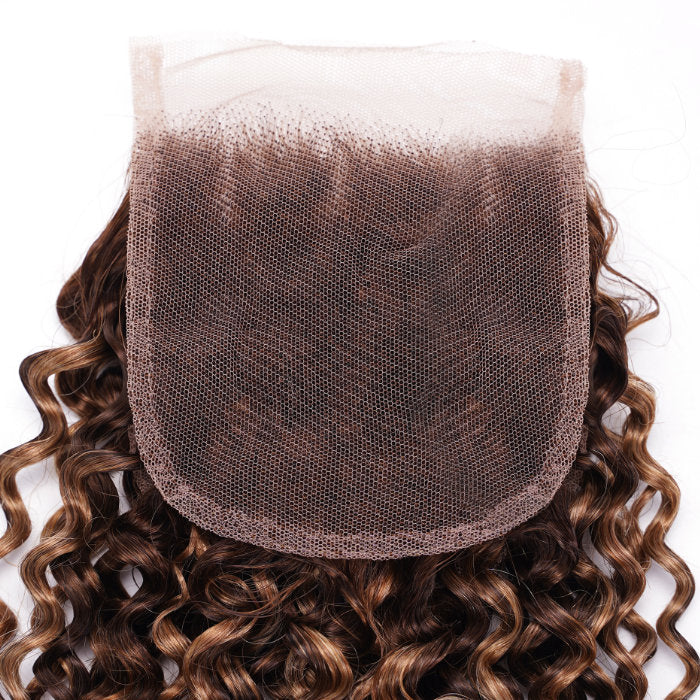 Klaiyi Jerry Curl 4x4 Lace Clousre Pre Plucked Ombre Brown Highlight Human Hair
