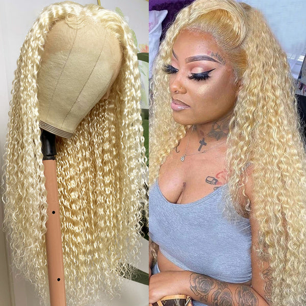 Klaiyi 180% Density Jerry Curl Honey Blonde Color 613 Lace Front Wig Pre Plucked for Women Flash Sale