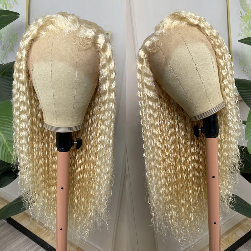 Klaiyi 180% Density Jerry Curl Honey Blonde Color 613 Lace Front Wig Pre Plucked for Women Flash Sale