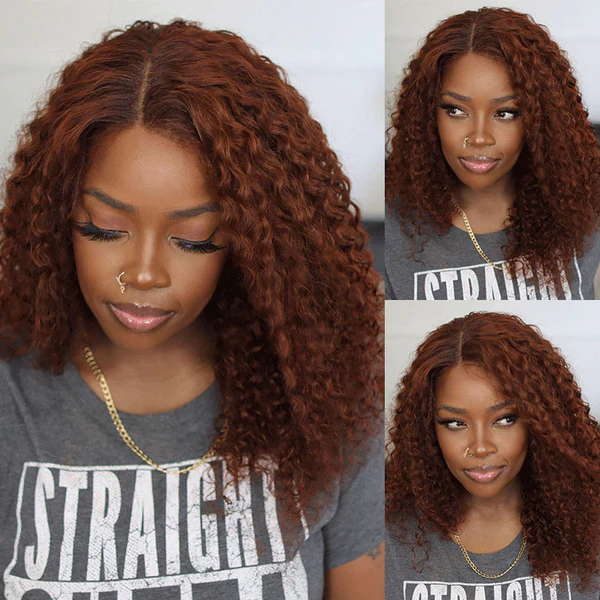 Klaiyi Jerry Curly Auburn Copper Color 13x4 Lace Front Wig High Quality Human Hair Dark Brown