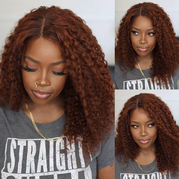 Klaiyi Jerry Curly Reddish Brown 13x4 Lace Front Wig Human Hair Auburn Copper Color