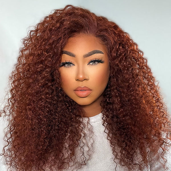 Klaiyi Jerry Curly Reddish Brown 13x4 Lace Front Wig Human Hair Auburn Copper Color
