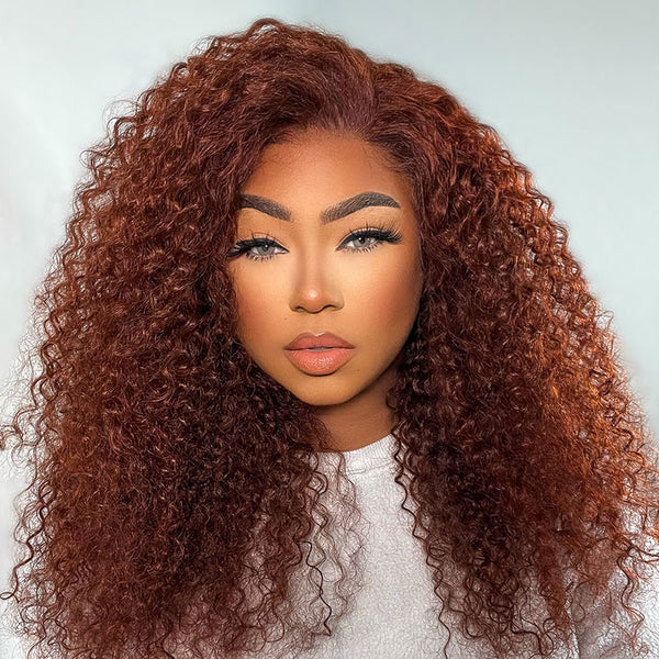 Klaiyi Jerry Curly Auburn Copper Color 13x4 Lace Front Wig High Quality Human Hair Dark Brown