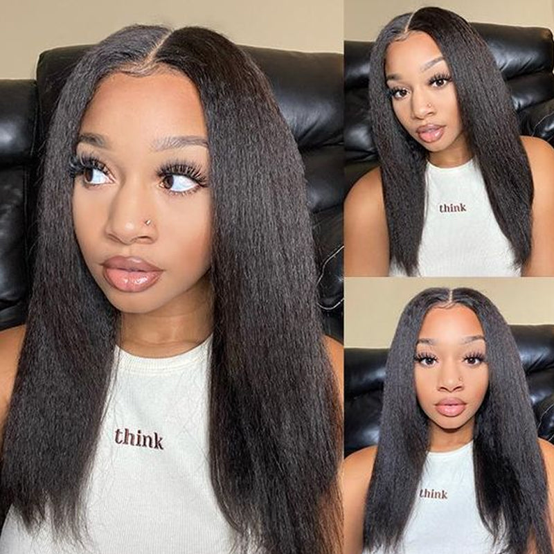 Klaiyi Kinky Straight Lace Closure Wig T Part Human Hair Natural Density Supernatural and Realistic 13x4 Lace Front Wigs