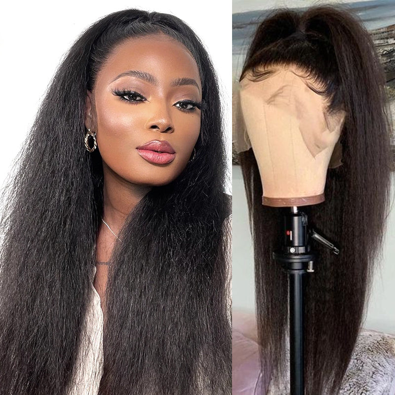 Klaiyi Kinky Straight Lace Closure Wig T Part Human Hair Natural Density Supernatural and Realistic 13x4 Lace Front Wigs