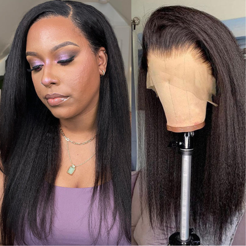 Realistic Kinky Straight Edge Hairline Lace Frontal Wigs Natural Density 60% Off Clearance