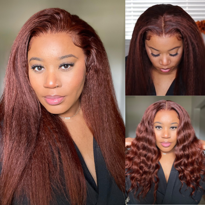 Klaiyi Kinky Straight Reddish Brown Lace Front Wig Human Hair for Women