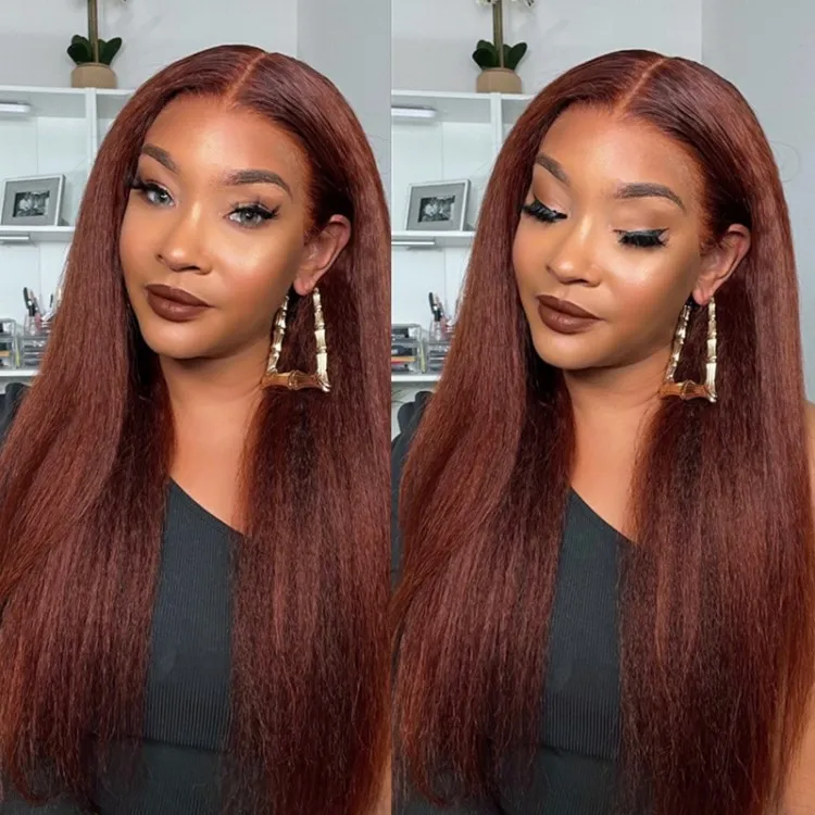 Extra 50% Off Code HALF50 |  Klaiyi Reddish Brown Hair Body Wave Or Kinky Straight T Part Lace Wigs