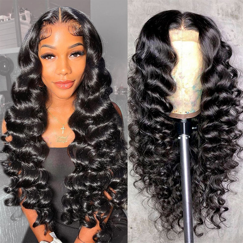 Klaiyi Loose Deep Wave Transparent Lace Front Wig Glueless Human Hair for Women