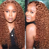 Klaiyi Medium Auburn Brown Colored Jerry Curly Lace Front Wigs Virgin Human Hair Ginger Color Wigs