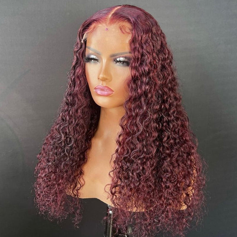 Klaiyi Natural Density Lace Closure Wig 99J Jerry Curl Red Burgundy Human Hair T Part Wigs