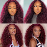 Klaiyi Natural Density Lace Closure Wig 99J Jerry Curl Red Burgundy Human Hair T Part Wigs