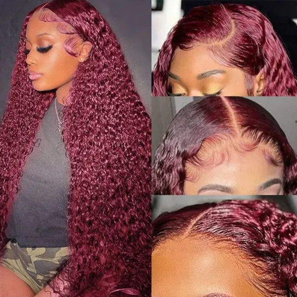 Super Saving Day | Klaiyi Lace Front Wig Jerry Curl Red Burgundy #99J Color T Part Wigs Flash Sale